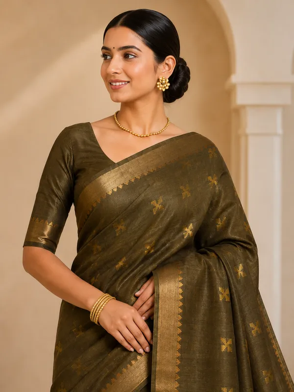 Mehandi_Pure_Silk_Golden_Motif_Tussar_Saree_For_Women