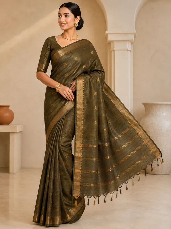 Mehandi_Pure_Silk_Golden_Motif_Tussar_Saree_For_Women