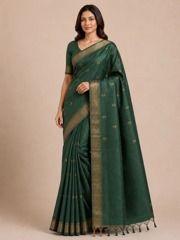 Green_Pure_Silk_Golden_Woven_Motif_Tussar_Saree_For_Women
