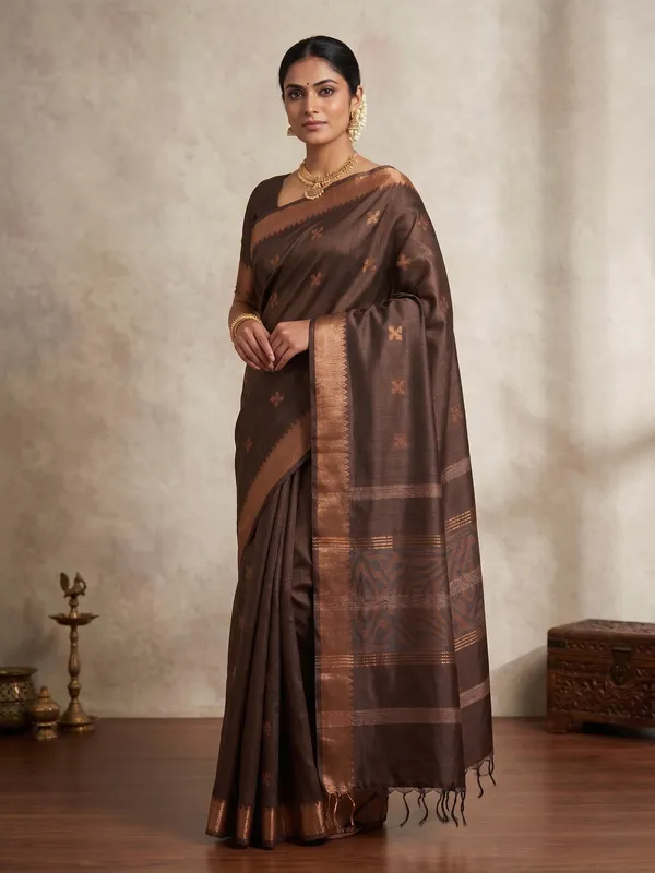 Brown_Pure_Silk_Zari_Border_Tussar_Saree_For_Women