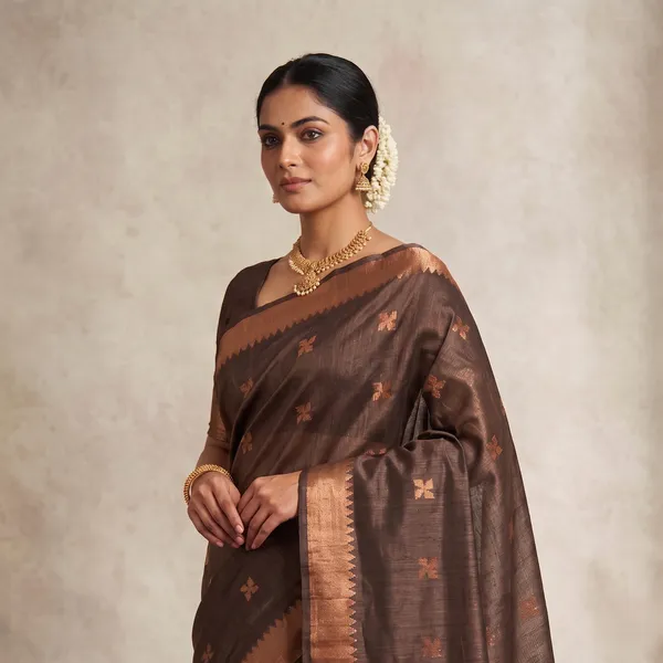Brown_Pure_Silk_Zari_Border_Tussar_Saree_For_Women