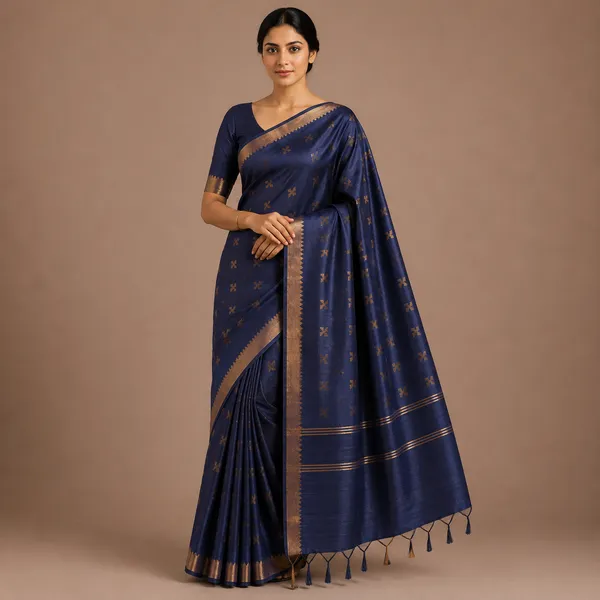 Blue_Pure_Silk_Golden_Floral_Motif_Tussar_Saree_For_Women