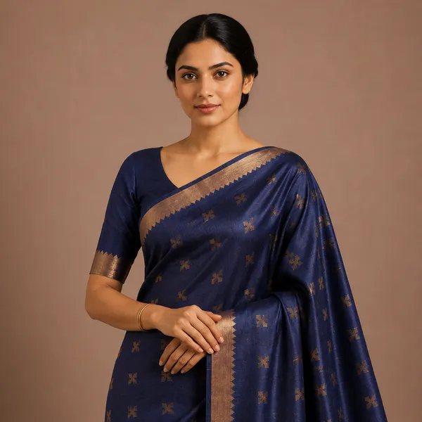 Blue_Pure_Silk_Golden_Floral_Motif_Tussar_Saree_For_Women