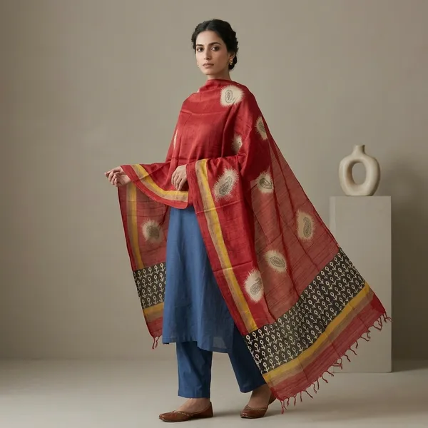Maroon_Pure_Silk_Tribal_Motif_Tussar_Dupatta_For_Women