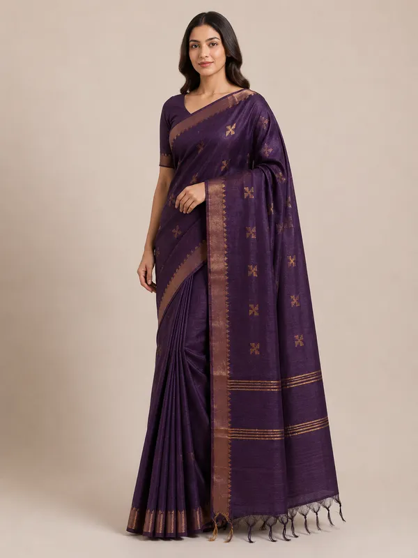 Purple_Pure_Silk_Zari_Motif_Tussar_Saree_For_Women