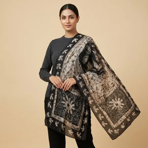 Black_And_Cream_Pure_Silk_Lightweight_Stole_For_Women