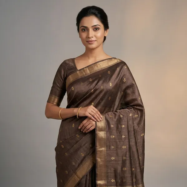 Brown_Pure_Silk_Golden_Motif_Tussar_Saree_For_Women