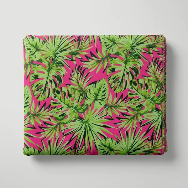 Green_Pink_Tropical_Leaf_Print_Poly_Crepe