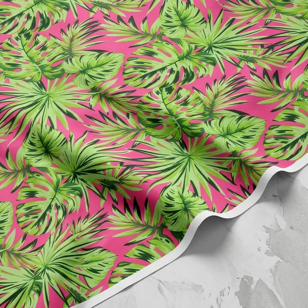 Green_Pink_Tropical_Leaf_Print_Poly_Crepe