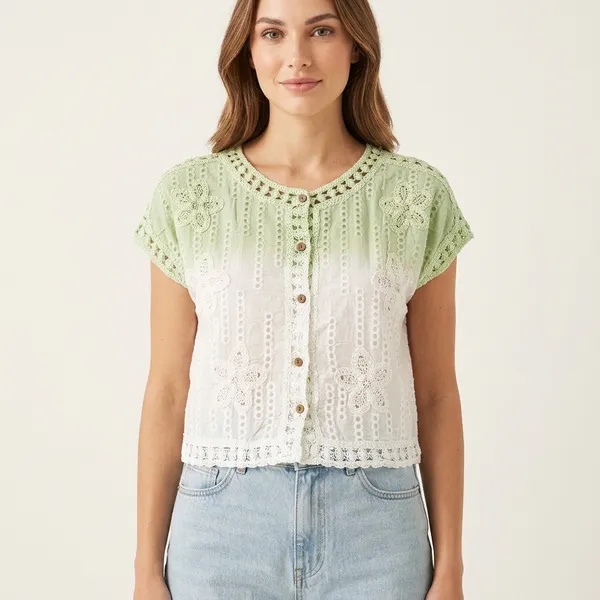 White_And_Green_Premium_Mul_Cotton_Top_For_Women