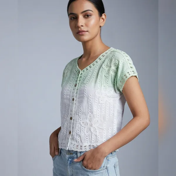 White_And_Green_Premium_Mul_Cotton_Top_For_Women