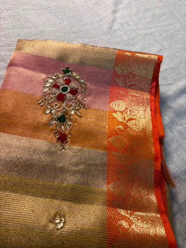 Golden_And_Beige_Silk_Saree_With_Orange_Zari_Border