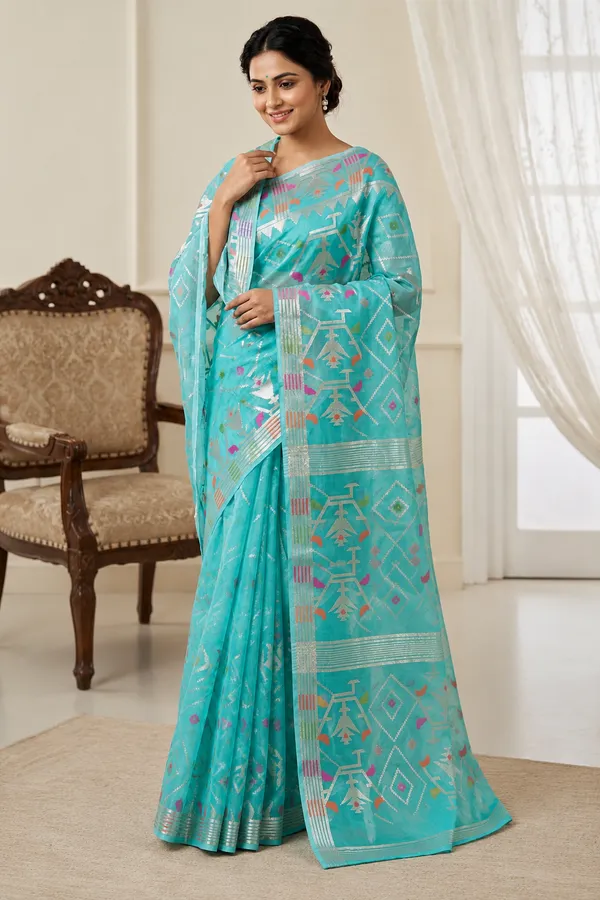 Turquoise_Silk_Geometric_Woven_Saree_For_Women