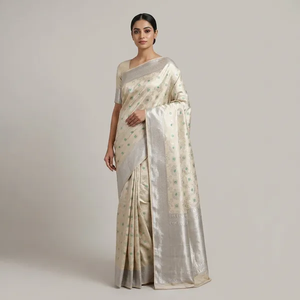 Off_White_Silk_Floral_Brocade_Saree_With_Green_Motifs_For_Women