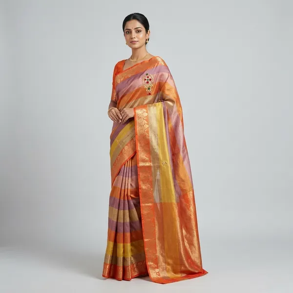 Golden_And_Beige_Silk_Saree_With_Orange_Zari_Border