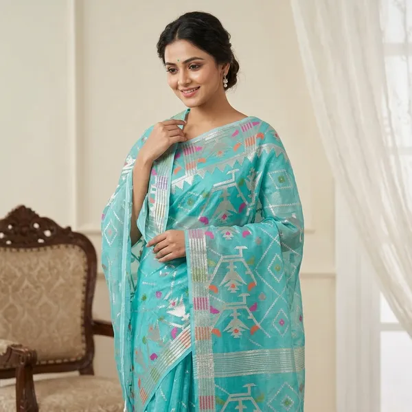 Turquoise_Silk_Geometric_Woven_Saree_For_Women
