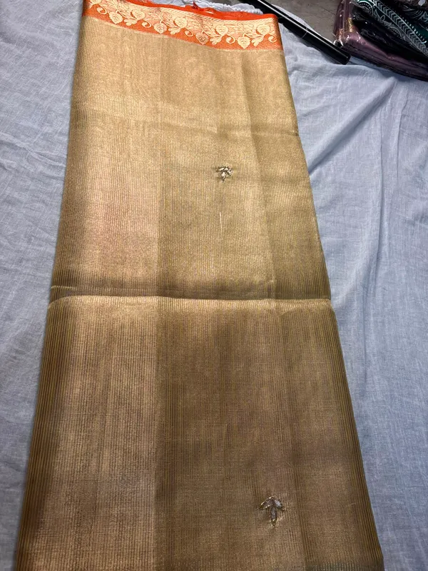 Golden_And_Beige_Silk_Saree_With_Orange_Zari_Border