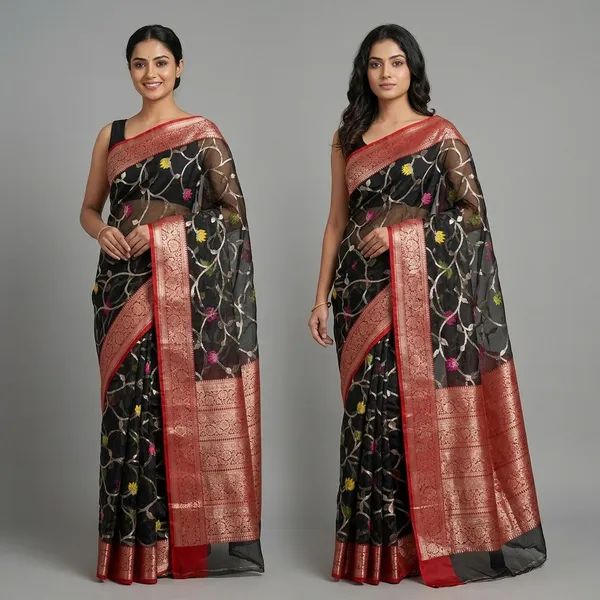Black_Silk_Floral_Zari_Weave_Saree_With_Red_Border_For_Women