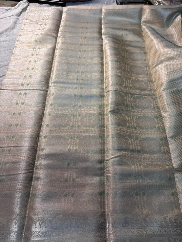 Off_White_Silk_Floral_Brocade_Saree_With_Green_Motifs_For_Women