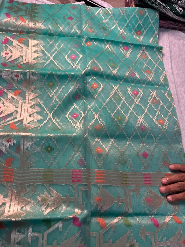 Turquoise_Silk_Geometric_Woven_Saree_For_Women