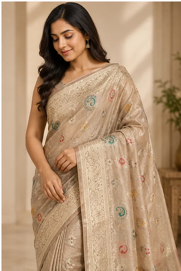 Gold_Banarasi_Silk_Saree_With_Floral_Weave_And_Contrast_Border
