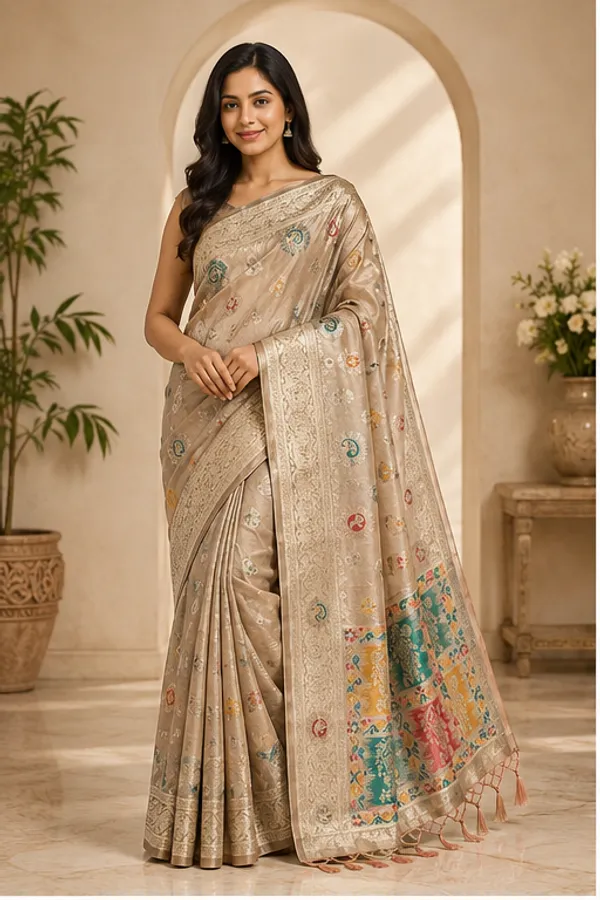 Gold_Banarasi_Silk_Saree_With_Floral_Weave_And_Contrast_Border