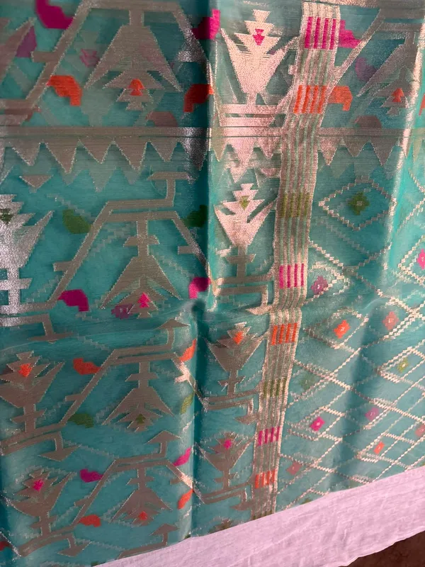 Turquoise_Silk_Geometric_Woven_Saree_For_Women