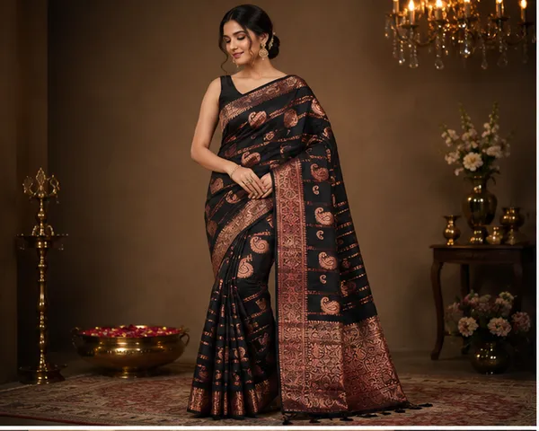 Black_Silk_Paisley_Jacquard_Saree_With_Golden_Pink_Border
