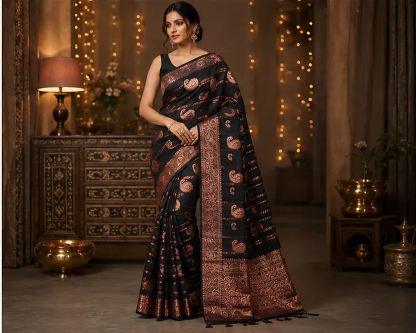 Black_Silk_Paisley_Jacquard_Saree_With_Golden_Pink_Border