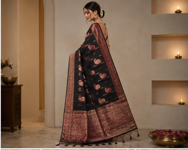 Black_Silk_Paisley_Jacquard_Saree_With_Golden_Pink_Border