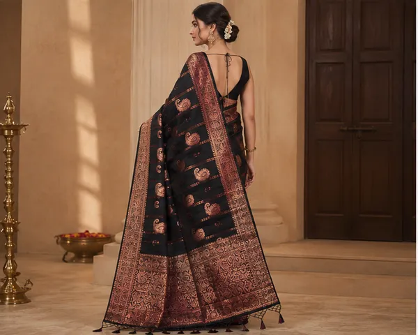 Black_Silk_Paisley_Jacquard_Saree_With_Golden_Pink_Border
