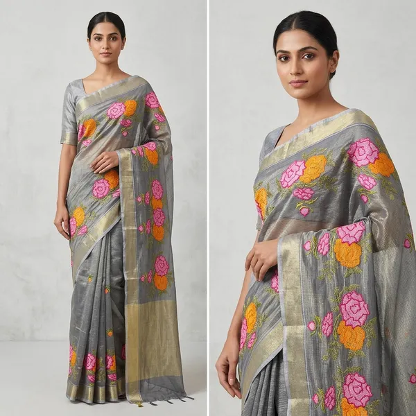 Grey_Kota_Silk_Floral_Embroidered_Saree_With_Golden_Border