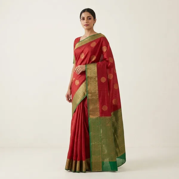 Red_Silk_Zari_Butta_Saree_With_Golden_Border_For_Women