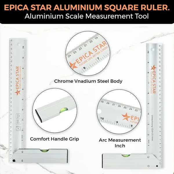 Epica_Tri_Square_Aluminum_Ruler_Ce60022_Right_Angle_Measuring_Tool_With_Spirit_Level_Metric_Inch_Scale_Heavy_Duty_Aluminum_Ideal_For_Carpentry_Engineering_Drafting