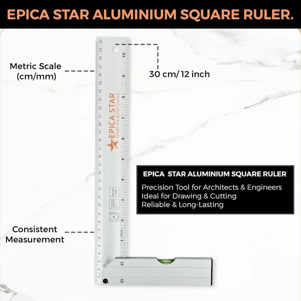 Epica_Tri_Square_Aluminum_Ruler_Ce60022_Right_Angle_Measuring_Tool_With_Spirit_Level_Metric_Inch_Scale_Heavy_Duty_Aluminum_Ideal_For_Carpentry_Engineering_Drafting