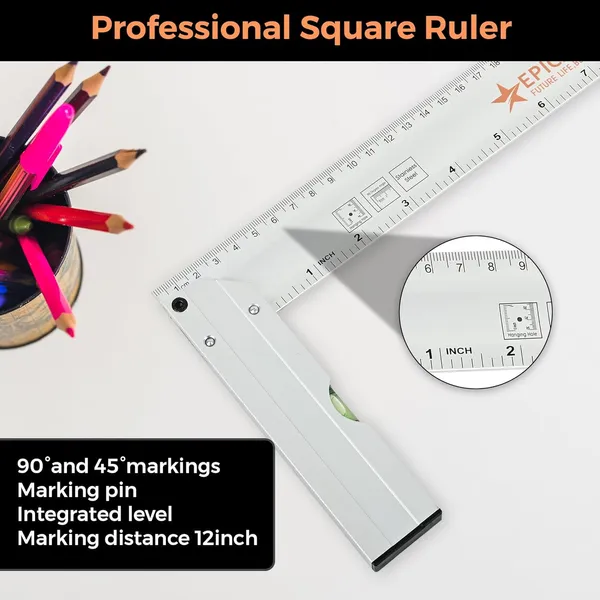 Epica_Tri_Square_Aluminum_Ruler_Ce60022_Right_Angle_Measuring_Tool_With_Spirit_Level_Metric_Inch_Scale_Heavy_Duty_Aluminum_Ideal_For_Carpentry_Engineering_Drafting