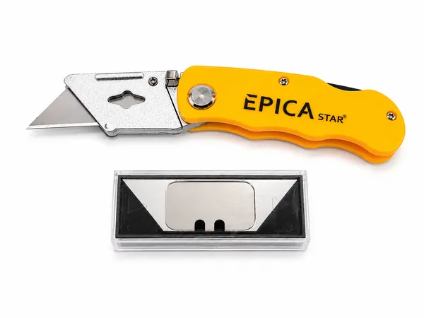 EPICA_STAR_Utility_Knife_with_6_Replacement_Blades_|_Foldable_Heavy_Duty_Box_Cutter_|_Zinc_Alloy_Body_|_Quick_Blade_Change_|_Retractable_Multipurpose_Cutter_for_Cardboard,_Plastic,_Leather,_Carpet,_Rope_&_DIY_Use_(EP10076)