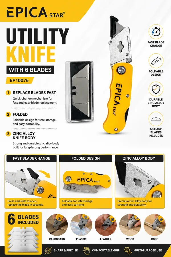 EPICA_STAR_Utility_Knife_with_6_Replacement_Blades_|_Foldable_Heavy_Duty_Box_Cutter_|_Zinc_Alloy_Body_|_Quick_Blade_Change_|_Retractable_Multipurpose_Cutter_for_Cardboard,_Plastic,_Leather,_Carpet,_Rope_&_DIY_Use_(EP10076)