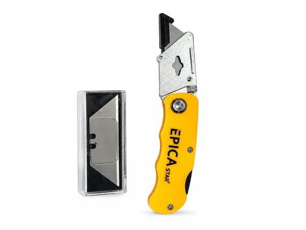 EPICA_STAR_Utility_Knife_with_6_Replacement_Blades_|_Foldable_Heavy_Duty_Box_Cutter_|_Zinc_Alloy_Body_|_Quick_Blade_Change_|_Retractable_Multipurpose_Cutter_for_Cardboard,_Plastic,_Leather,_Carpet,_Rope_&_DIY_Use_(EP10076)