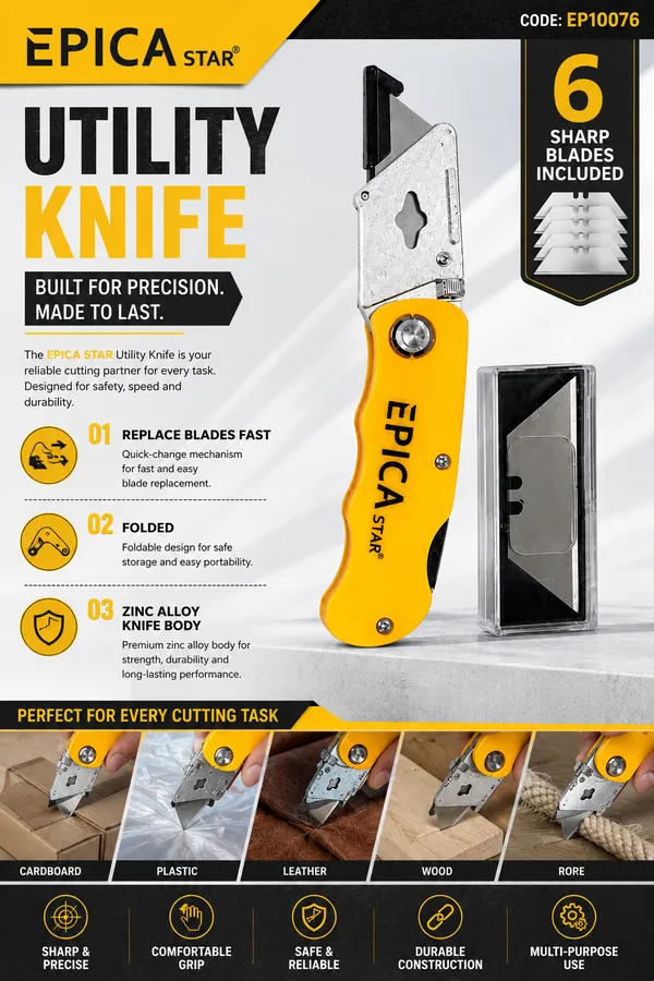 EPICA_STAR_Utility_Knife_with_6_Replacement_Blades_|_Foldable_Heavy_Duty_Box_Cutter_|_Zinc_Alloy_Body_|_Quick_Blade_Change_|_Retractable_Multipurpose_Cutter_for_Cardboard,_Plastic,_Leather,_Carpet,_Rope_&_DIY_Use_(EP10076)