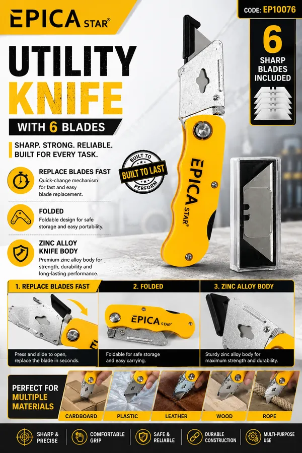 EPICA_STAR_Utility_Knife_with_6_Replacement_Blades_|_Foldable_Heavy_Duty_Box_Cutter_|_Zinc_Alloy_Body_|_Quick_Blade_Change_|_Retractable_Multipurpose_Cutter_for_Cardboard,_Plastic,_Leather,_Carpet,_Rope_&_DIY_Use_(EP10076)