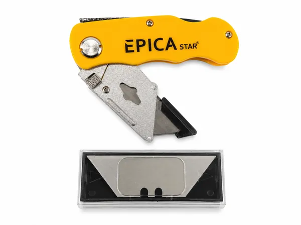 EPICA_STAR_Utility_Knife_with_6_Replacement_Blades_|_Foldable_Heavy_Duty_Box_Cutter_|_Zinc_Alloy_Body_|_Quick_Blade_Change_|_Retractable_Multipurpose_Cutter_for_Cardboard,_Plastic,_Leather,_Carpet,_Rope_&_DIY_Use_(EP10076)
