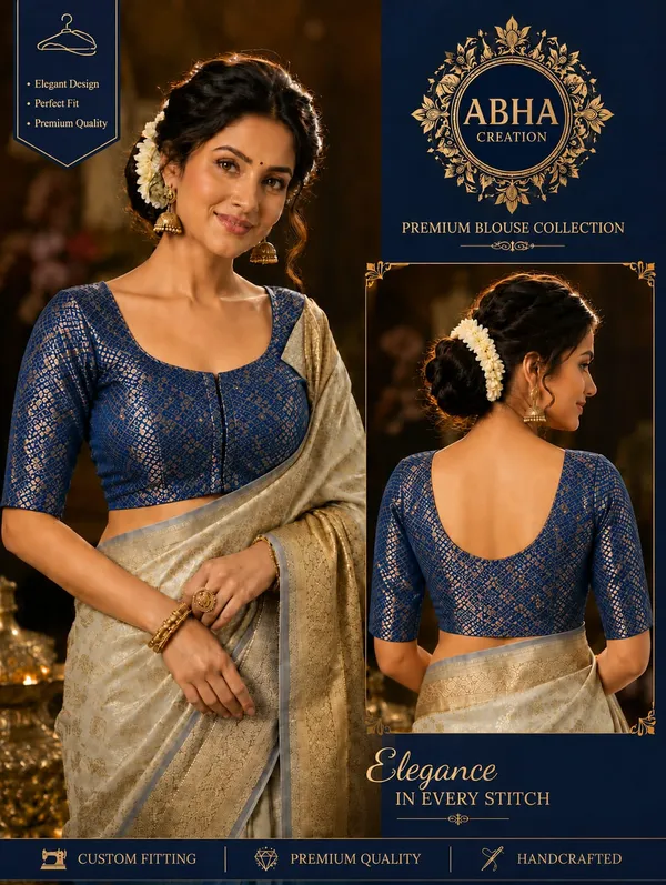 Blue_Brocade_Silk_Round_Neck_Fitted_Blouse_For_Women