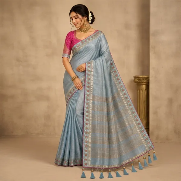 Blue_Tussar_Silk_Woven_Embroidered_Border_Saree_For_Women