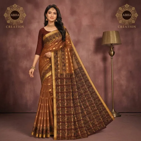 Mustard_Cotton_Zari_Border_Kalamkari_Print_Saree_For_Women