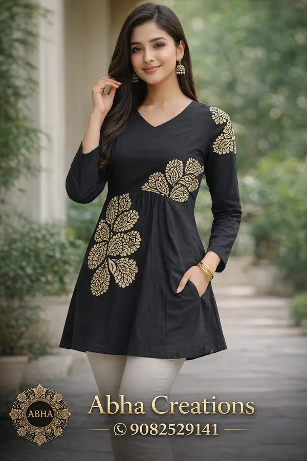 Black_Cotton_A_Line_Floral_Print_Short_Kurti_For_Women