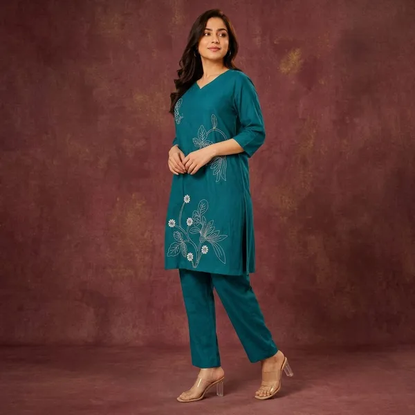 Teal_Cotton_Straight_Floral_Embroidered_Kurta_Set_For_Women