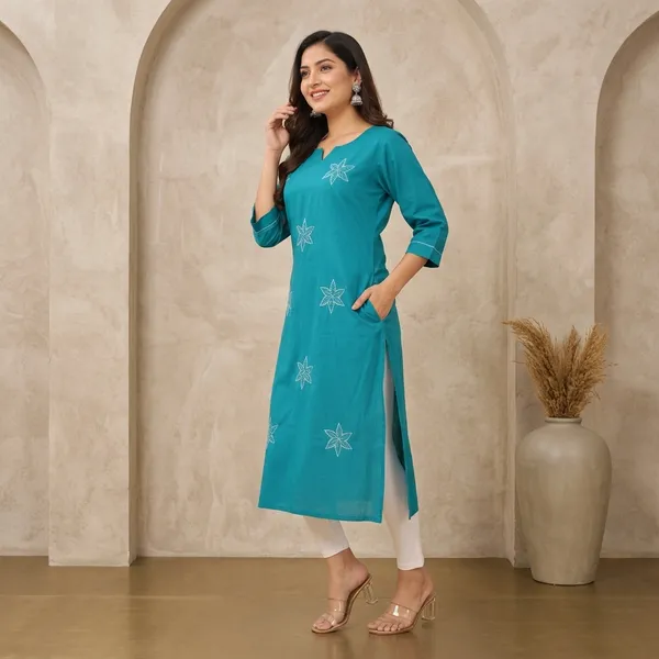 Teal_Silk_Straight_Embroidered_Kurta_For_Women