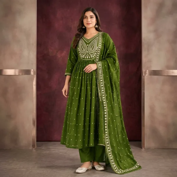 Green_Cotton_Embroidered_Anarkali_Kurta_Palazzo_Dupatta_Set_For_Women