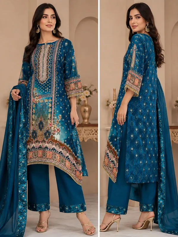Teal_Silk_Printed_Straight_Kurta_Palazzo_Dupatta_Set_For_Women